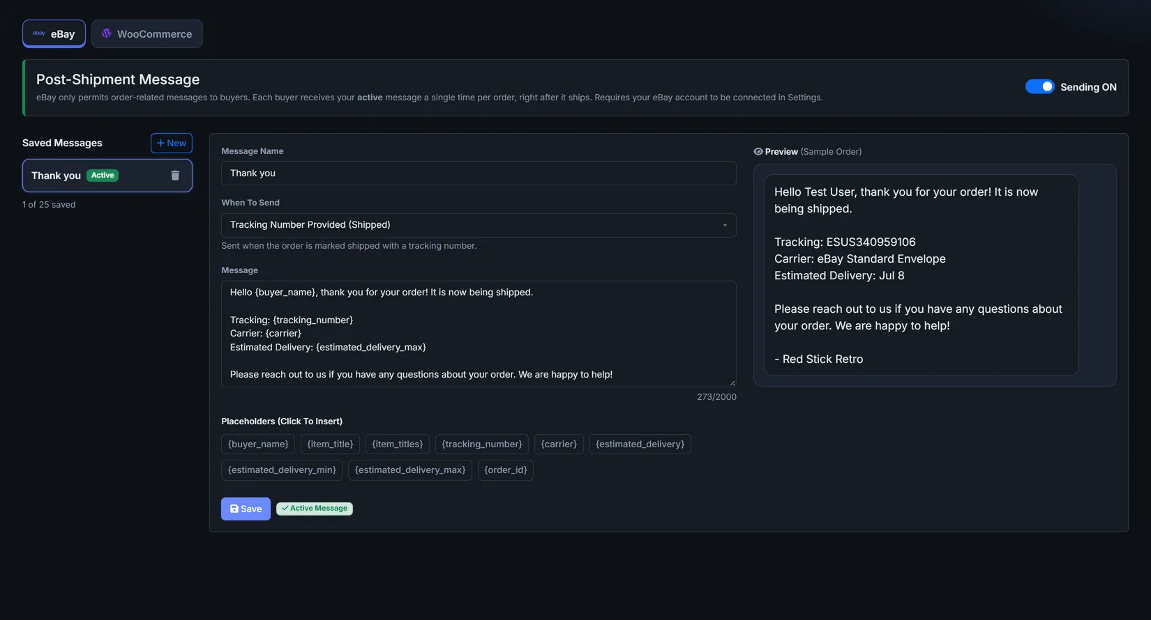 The post-shipment message editor, with eBay and WooCommerce tabs and a live buyer preview.