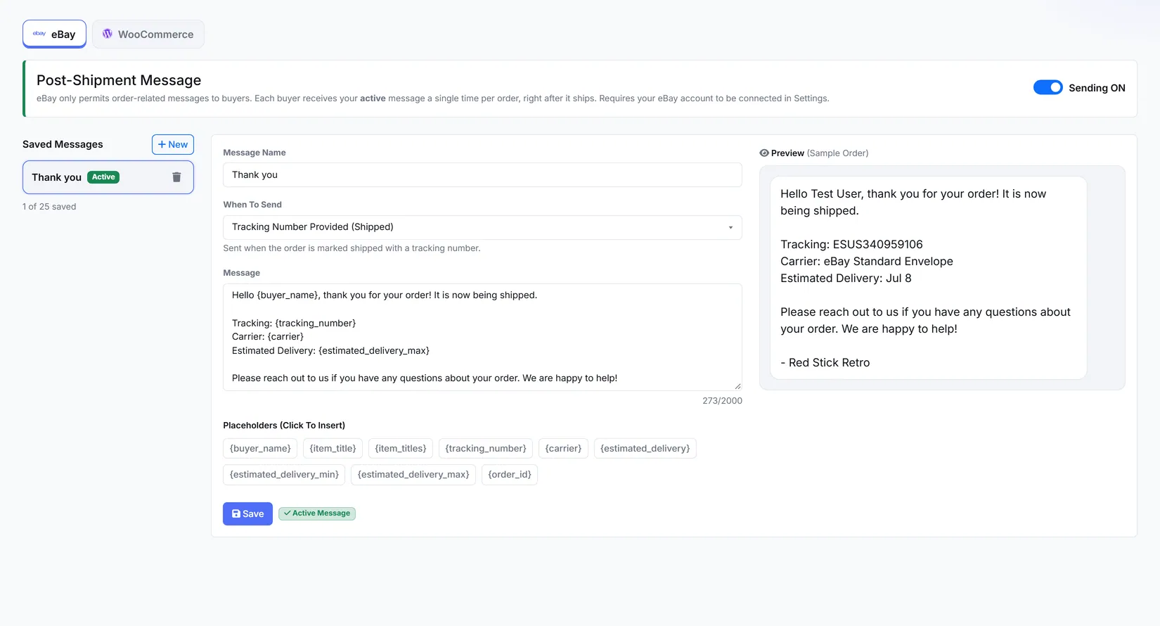 The post-shipment message editor, with eBay and WooCommerce tabs and a live buyer preview.