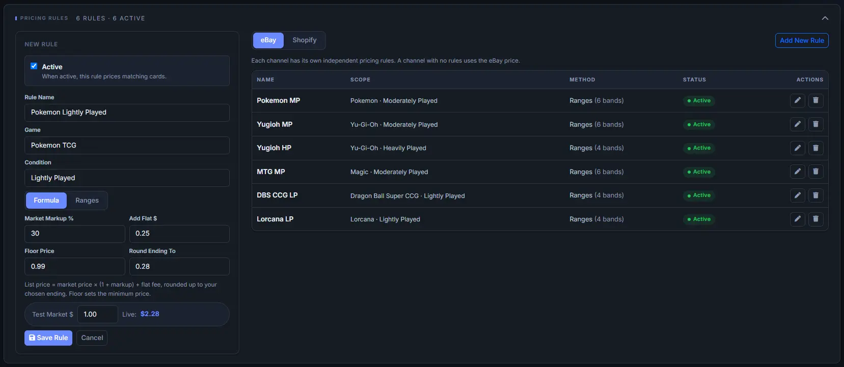 Six active pricing rules by game and condition, beside a rule builder showing the price produced.