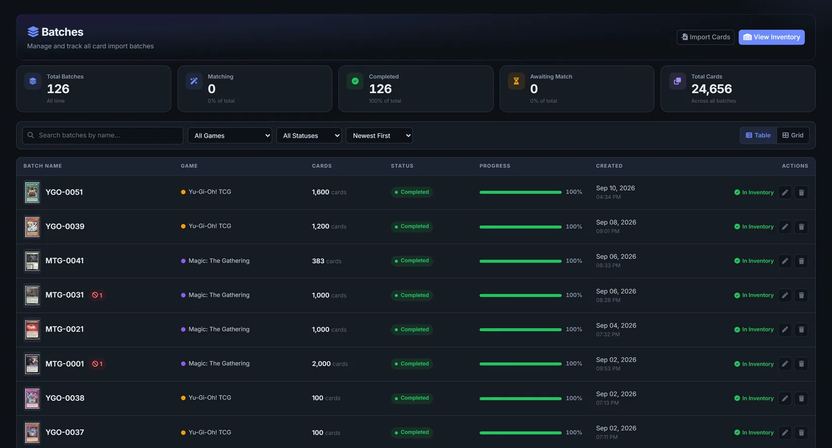 The Batches screen, listing completed import batches with card counts and match progress.