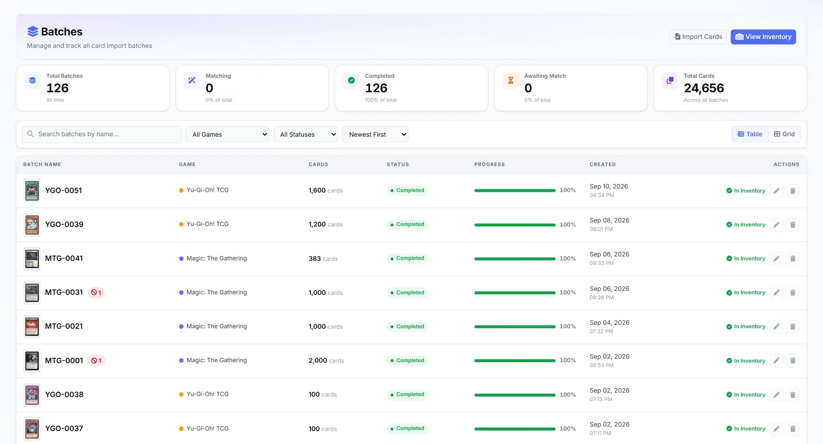The Batches screen, listing completed import batches with card counts and match progress.