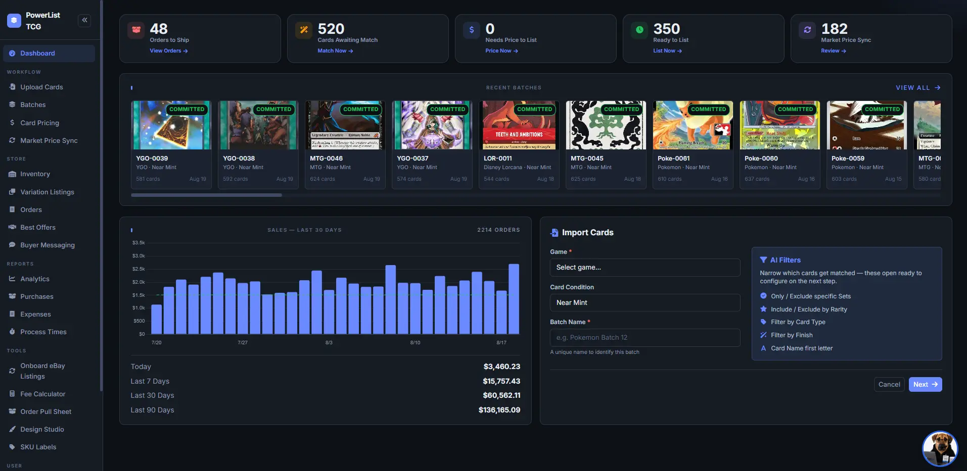 The PowerList TCG dashboard, showing card scanning, catalog matching and listing tools.