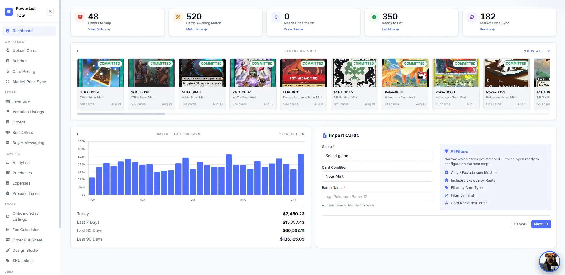 The PowerList TCG dashboard, showing card scanning, catalog matching and listing tools.