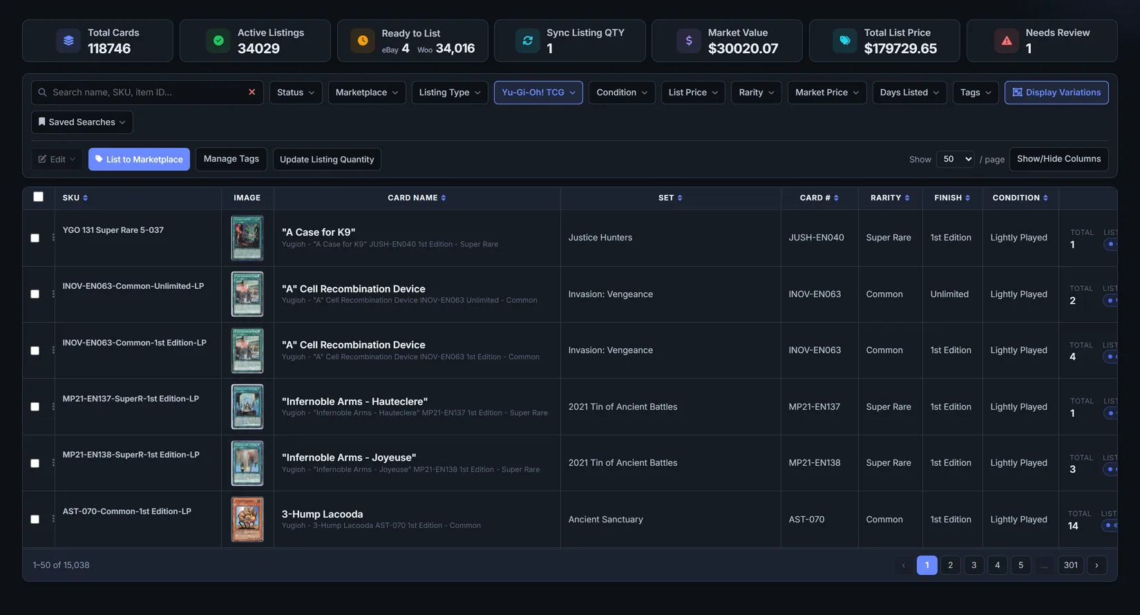 Inventory filtered to one game, showing SKU, set, number, rarity, finish and condition per copy.