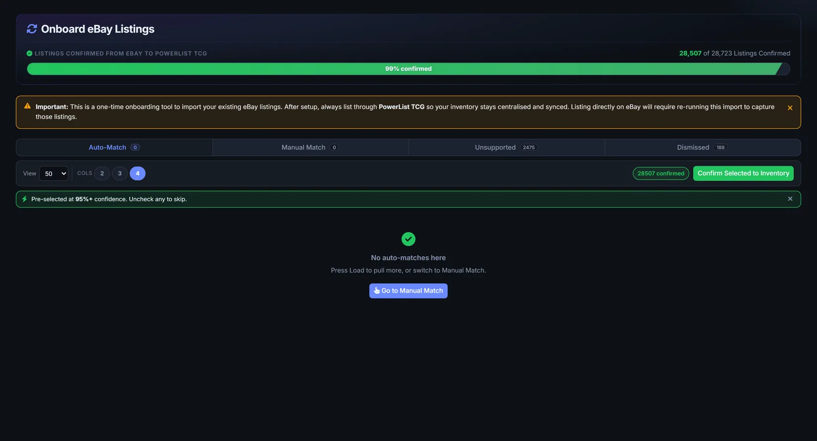 Onboarding progress: existing eBay listings split across auto-match, manual, unsupported, dismissed.