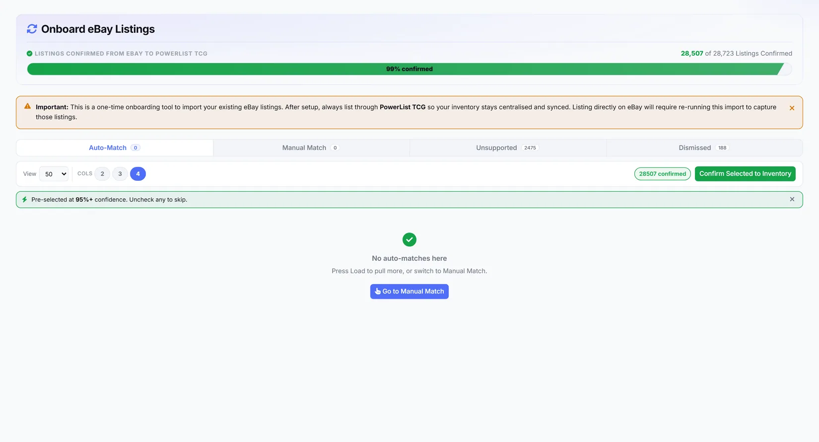 Onboarding progress: existing eBay listings split across auto-match, manual, unsupported, dismissed.