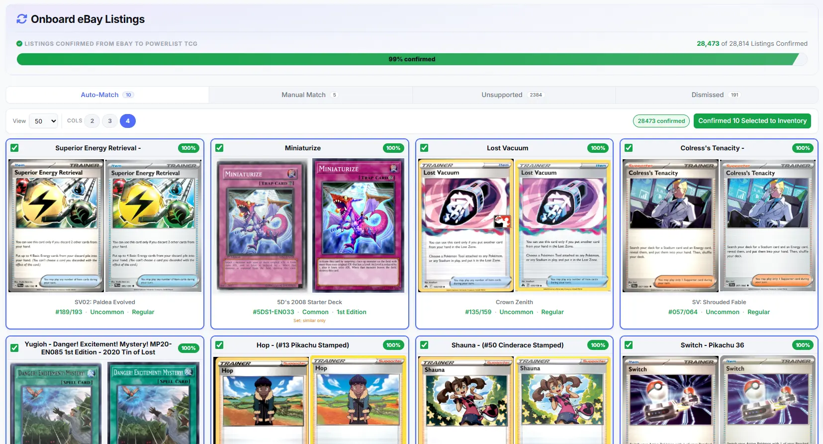 Existing eBay listings imported into PowerList and matched to the catalog.