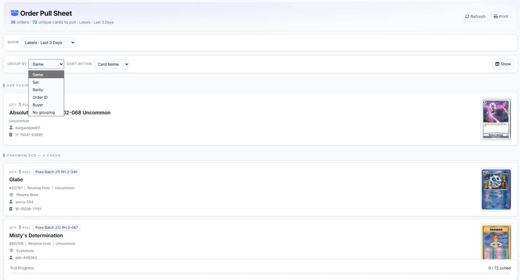 An order pull sheet listing the exact copy to grab for each sale.
