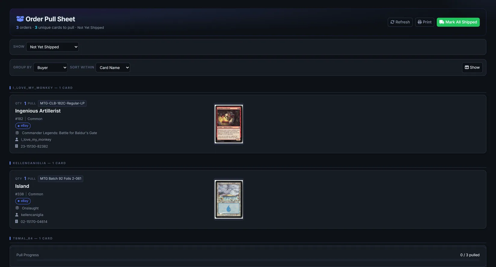 The order pull sheet, each line showing quantity, the storage SKU to pull and the card image.