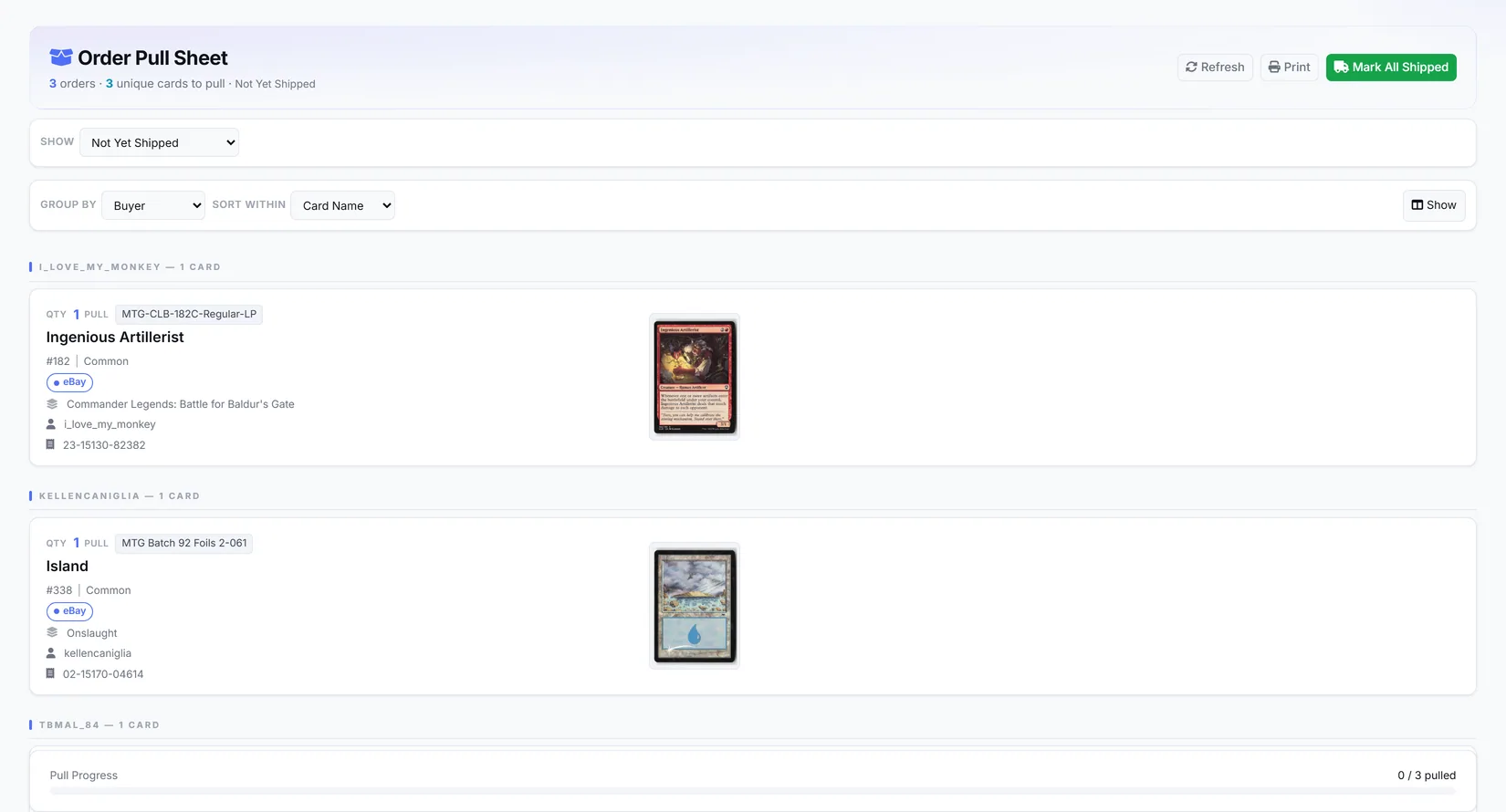 The order pull sheet, each line showing quantity, the storage SKU to pull and the card image.