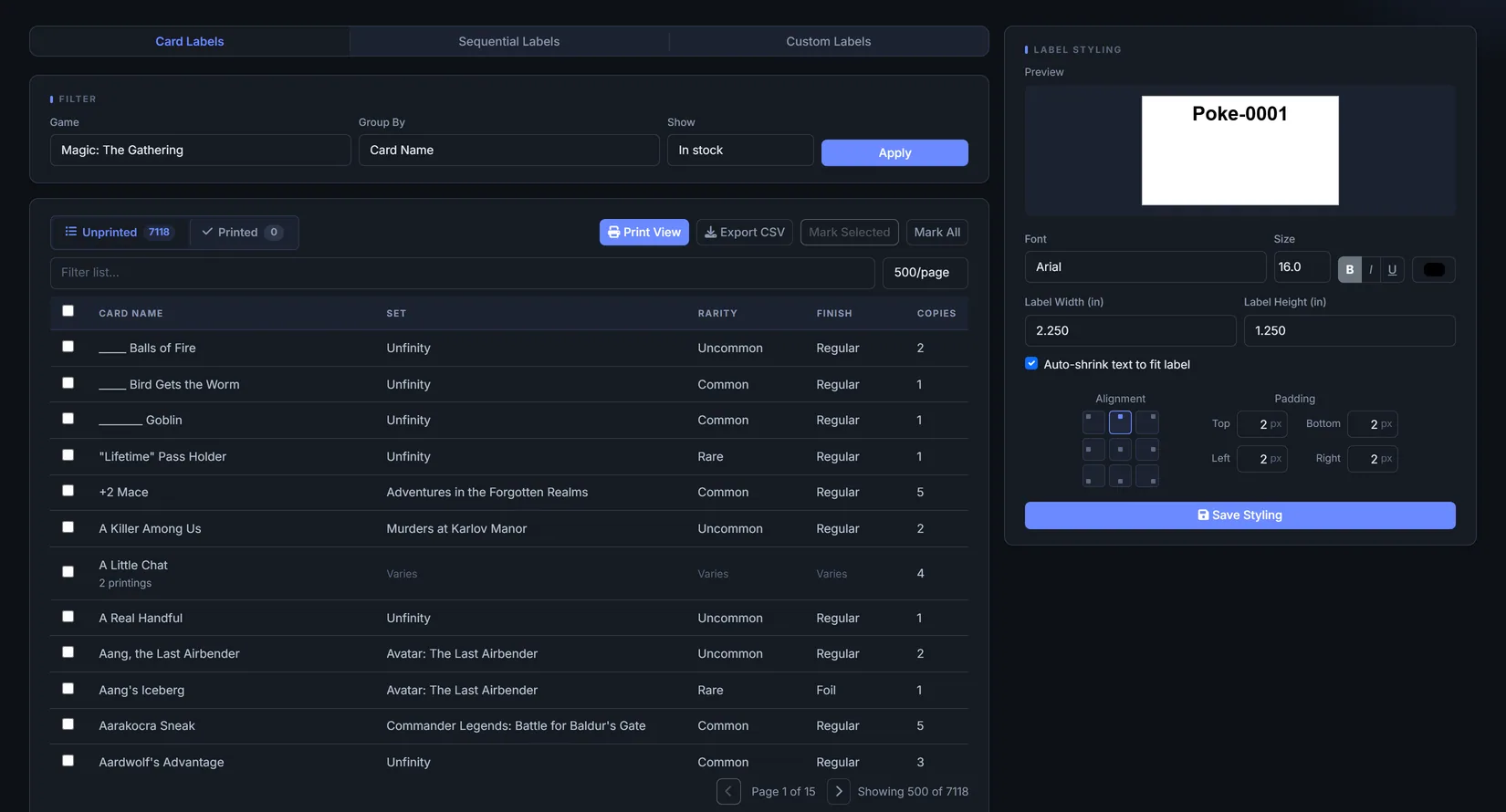 The label print screen, with the card list and grouping beside a live preview of one label.