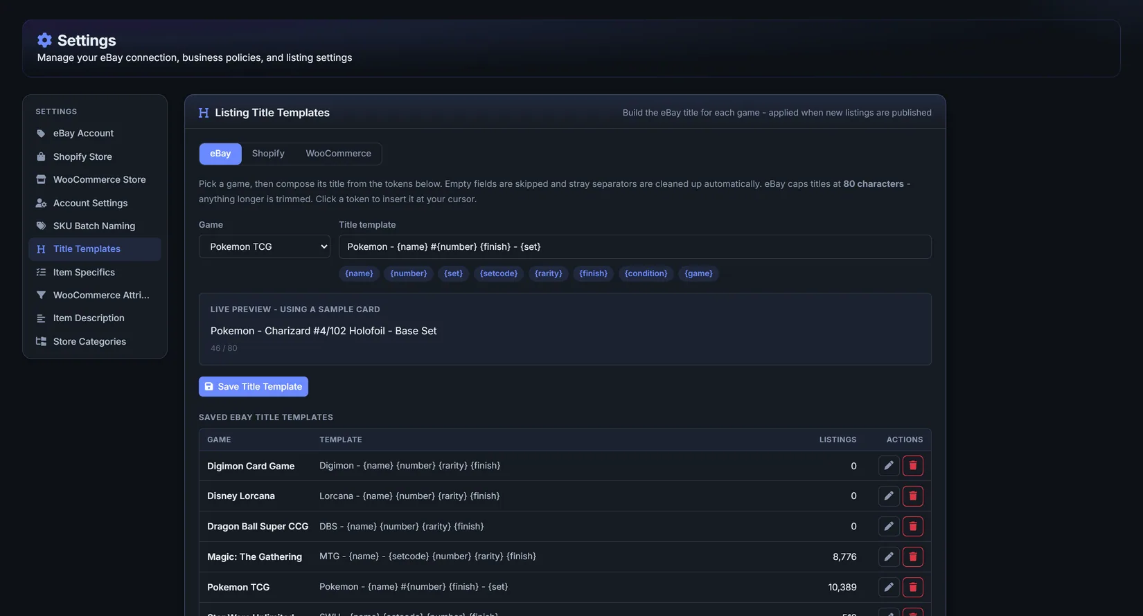 The listing title builder, with tokens for card name, number, set and finish, and a live preview.