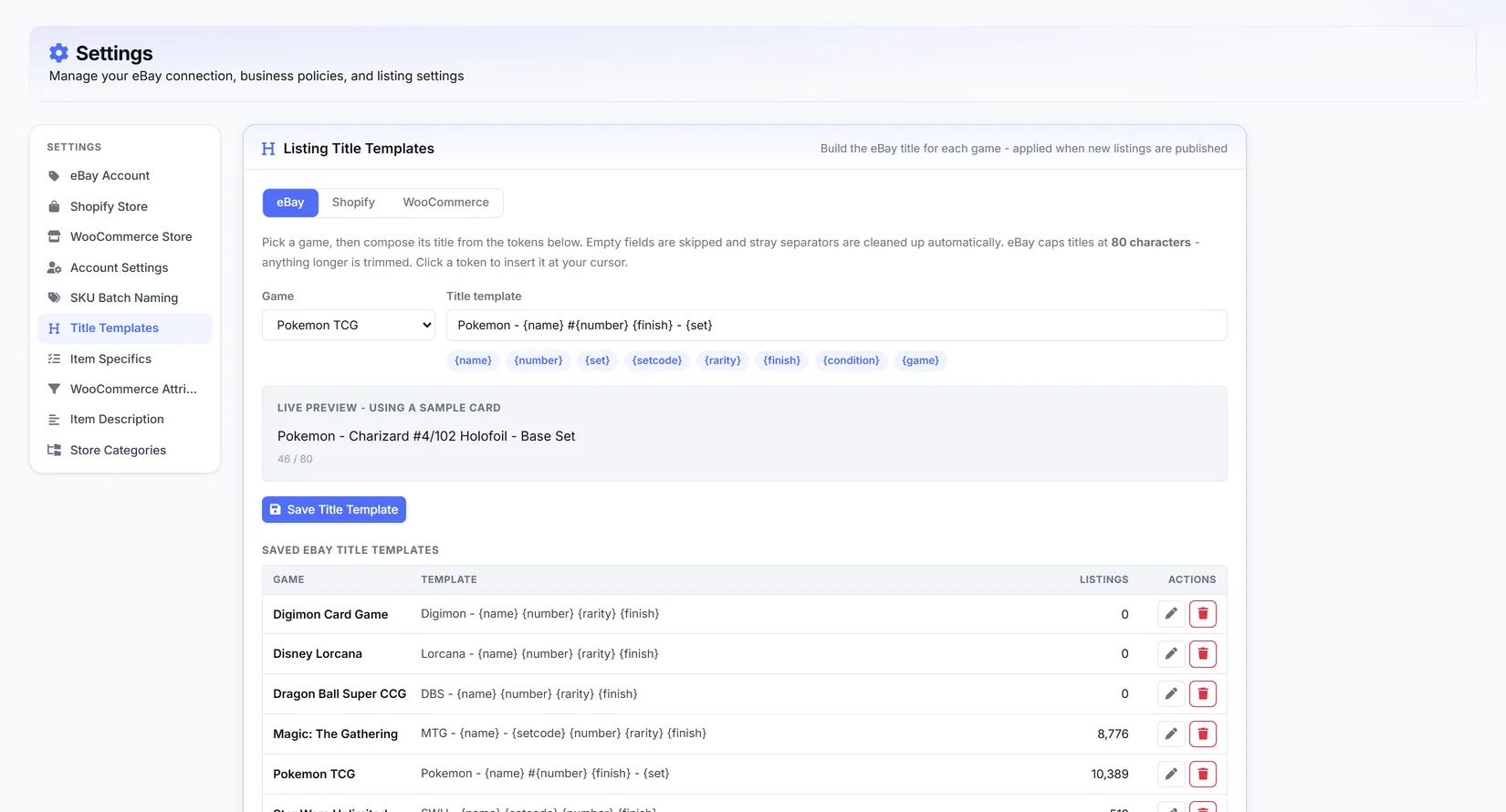 The listing title builder, with tokens for card name, number, set and finish, and a live preview.