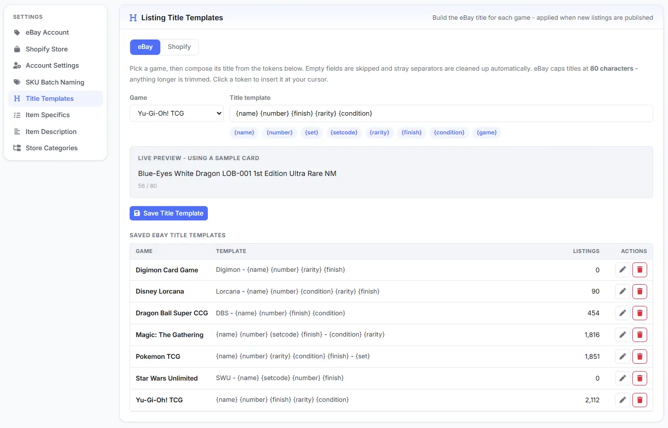 An eBay listing title template applied automatically across cards.